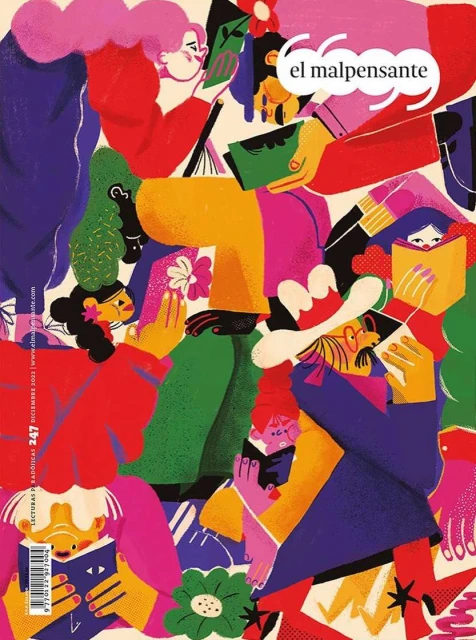 Magazine cover illustration features an abstract group of people reading books, set against a vibrant color palette with floral accents.