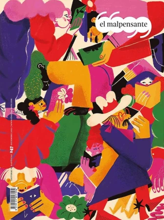 Magazine cover illustration features an abstract group of people reading books, set against a vibrant color palette with floral accents.