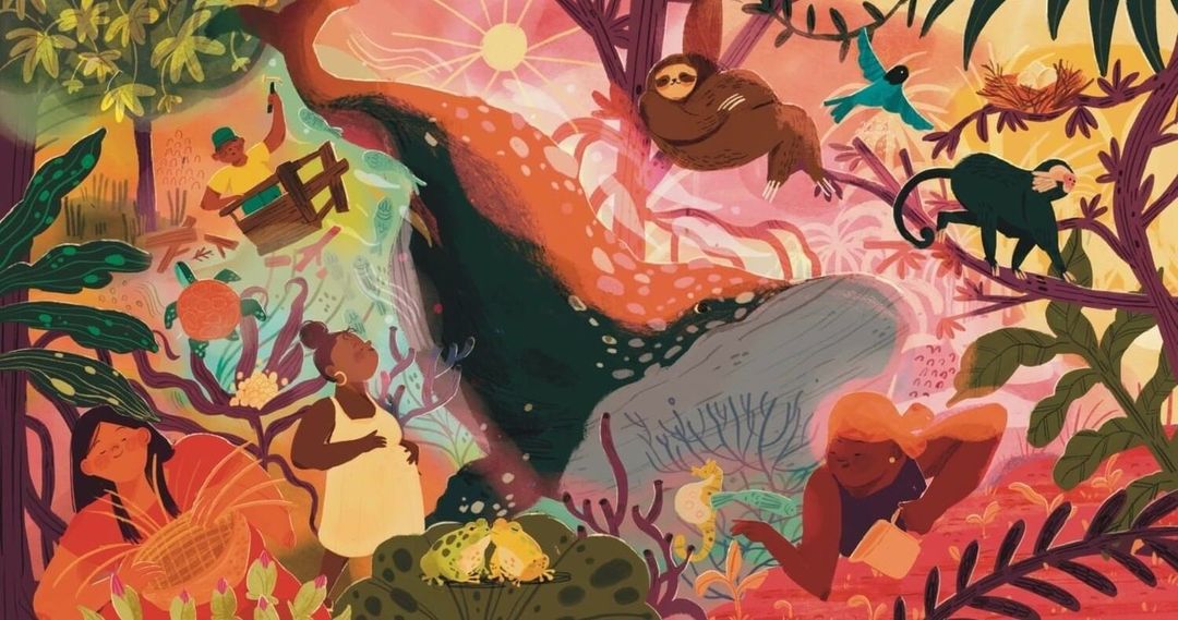 Whale and diverse people in a vibrant, colourful illustration of a biodiverse environment, with lush plants, wildlife and bright sunshine.