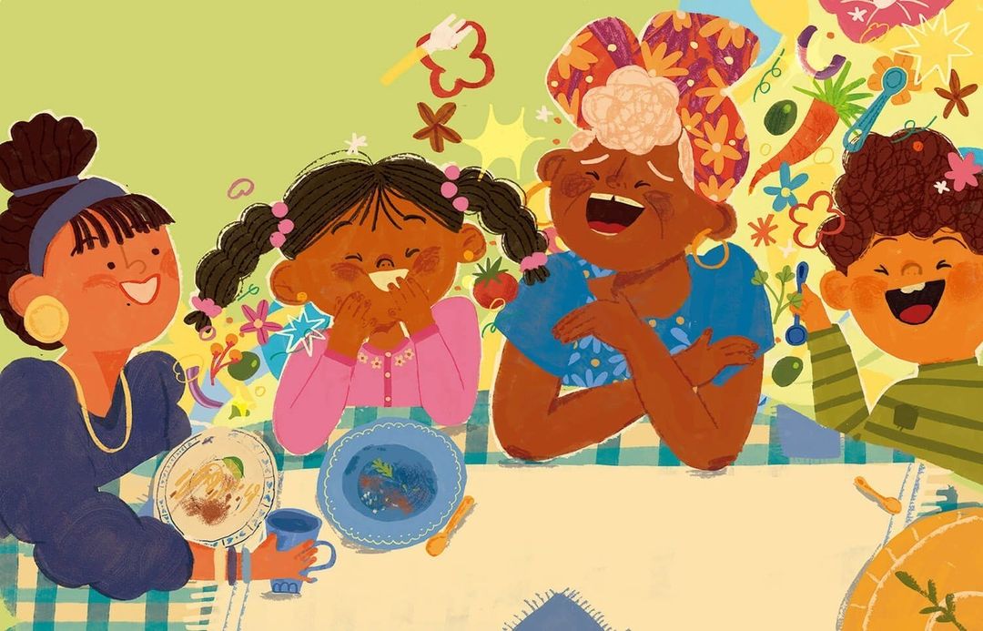 Illustration of four smiling women and children seated at a table with plates, cups, and floating food items against a lime-green background.