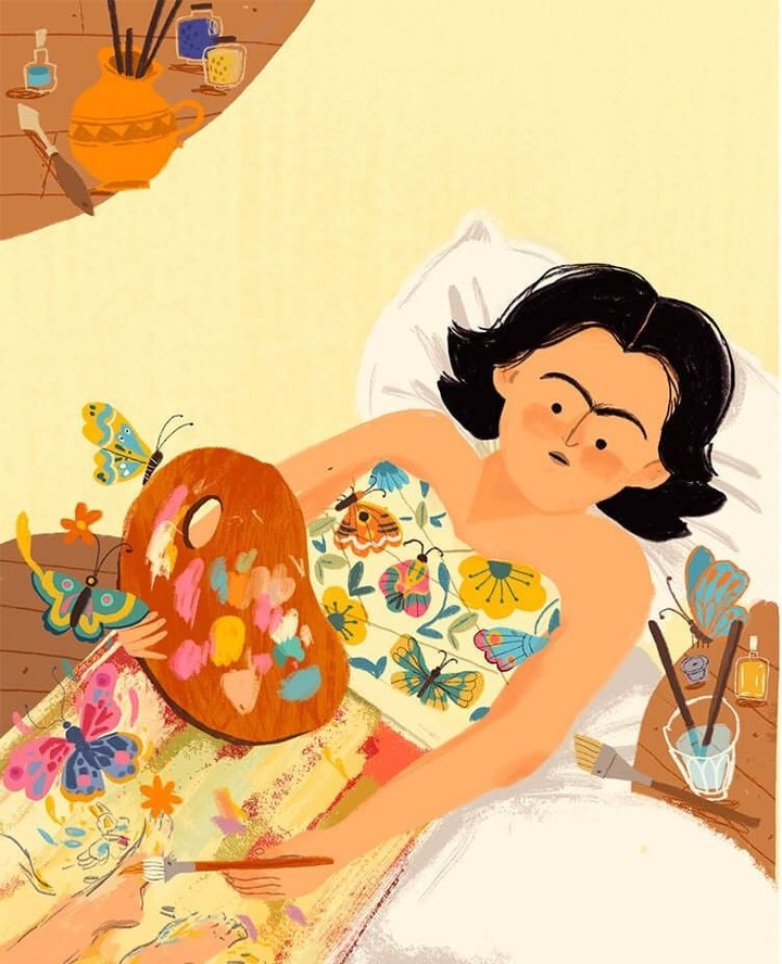 Illustration of a woman lying in bed, holding a painting palette with brushes and paint. Butterflies adorn her and the scene.