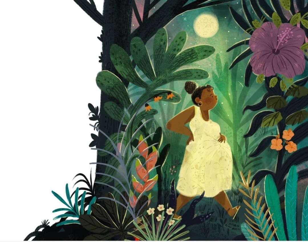 Illustration of a pregnant woman in a yellow dress walking through a lush jungle at night, illuminated by a glowing moon.