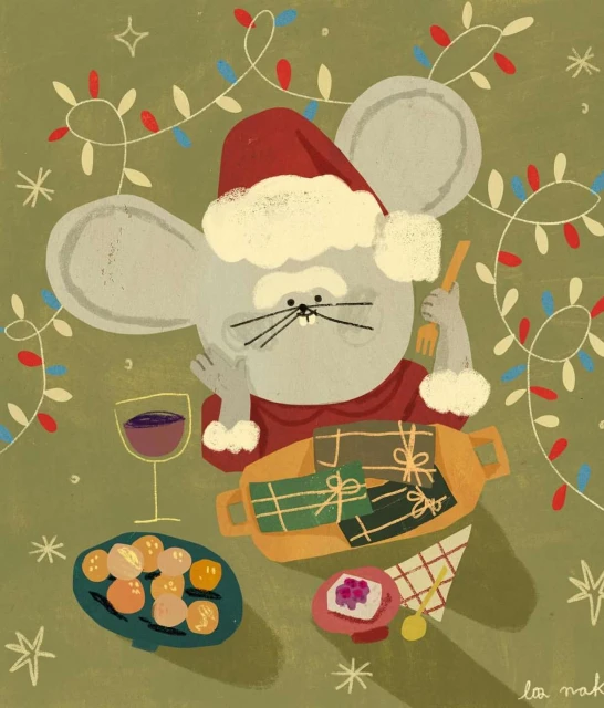 Whimsical illustration of an anthropomorphic mouse in a Santa hat enjoying a holiday feast with presents and string lights on an olive-green background.