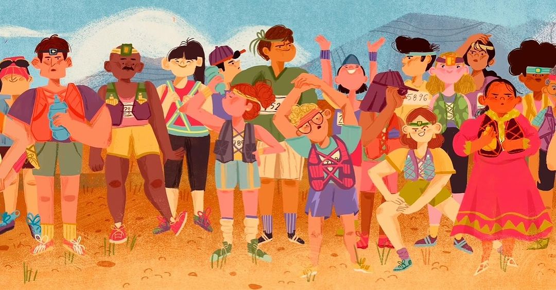 Illustrated group of diverse marathon runners. Graphic art shows runners in athletic wear on a course with distant mountains.