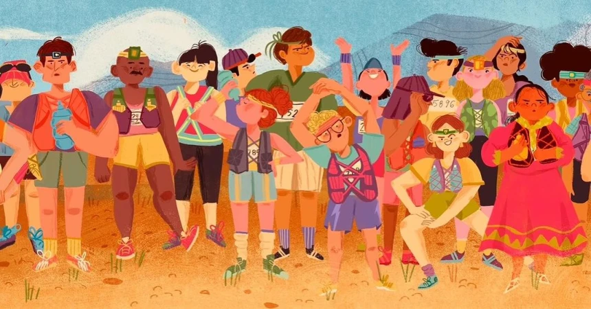 Illustrated group of diverse marathon runners. Graphic art shows runners in athletic wear on a course with distant mountains.