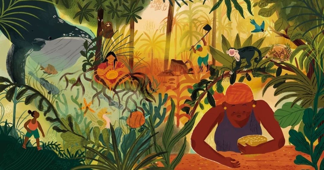 Whimsical illustration of a lush rainforest with wildlife, indigenous woman, a whale in the sky, and golden sunlight filtering through trees.