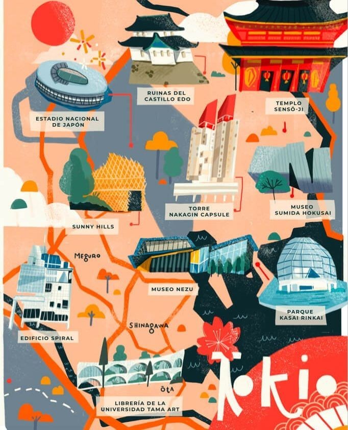 Illustration map of Tokyo, Japan featuring notable landmarks such as Templo Senso-ji, Estadio Nacional de Japon, and Museo Sumida Hokusai.