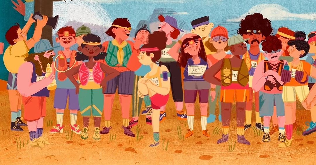 Illustration of diverse group of runners at starting line of race, wearing colorful activewear and race numbers in an outdoor setting.