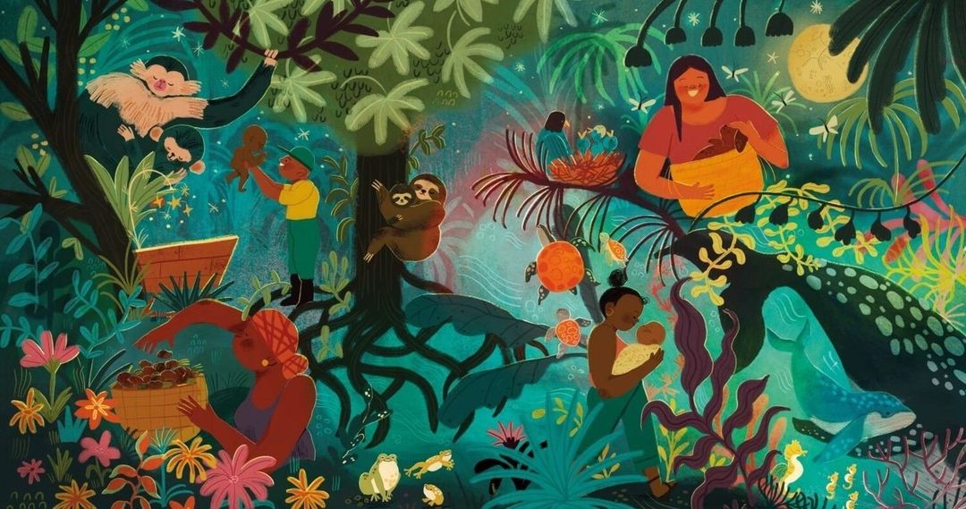Illustration of women with children in a lush jungle environment featuring various animals, set against a turquoise and teal backdrop.