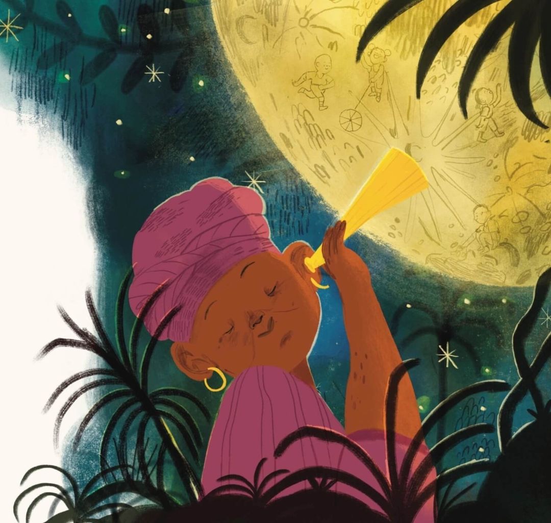 Illustration of a person looking through a yellow telescope towards the moon, surrounded by tropical plants in the foreground.