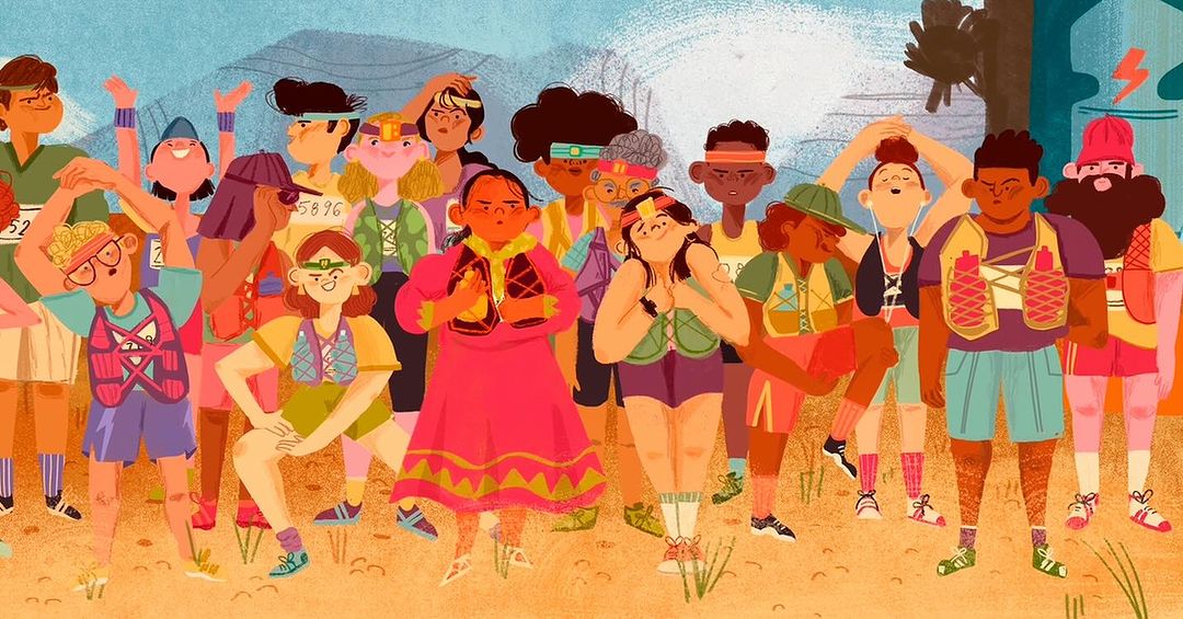 Illustration of diverse group of runners in sportswear, ready for a race in a stylized outdoor setting with mountains.