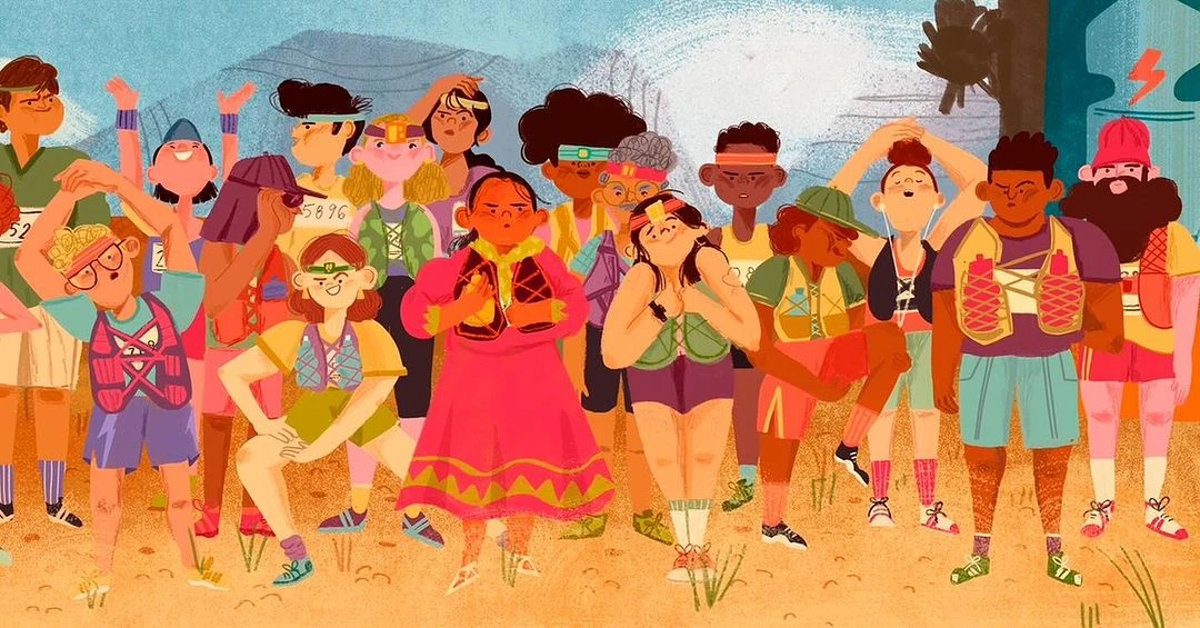 Illustration of diverse group of runners in sportswear, ready for a race in a stylized outdoor setting with mountains.