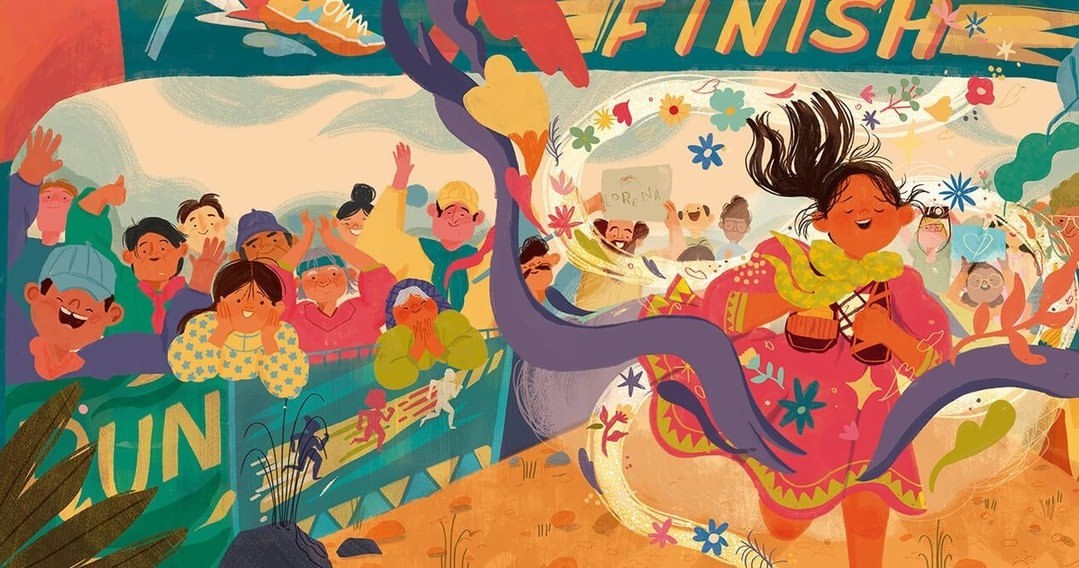 Illustration of a joyful young woman running a marathon, nearing the 'Finish' line, cheered on by a crowd. Festive, colorful, and lively scene.