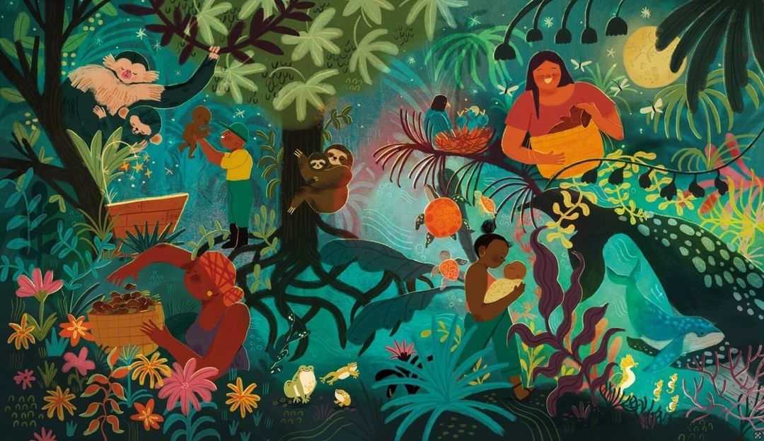 Illustration of women harvesting in a lush jungle scene with diverse wildlife, including monkeys, a sloth, turtles, and colorful flowers.