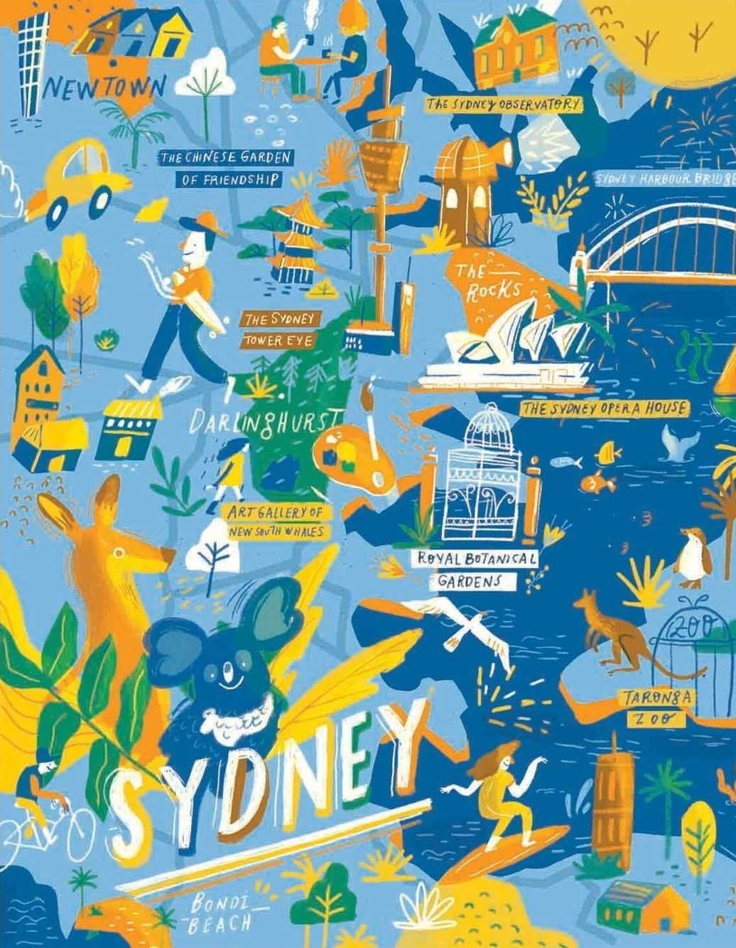 Whimsical illustration featuring Sydney landmarks, Australian wildlife, and stylized figures, all rendered in a bright, playful color palette.