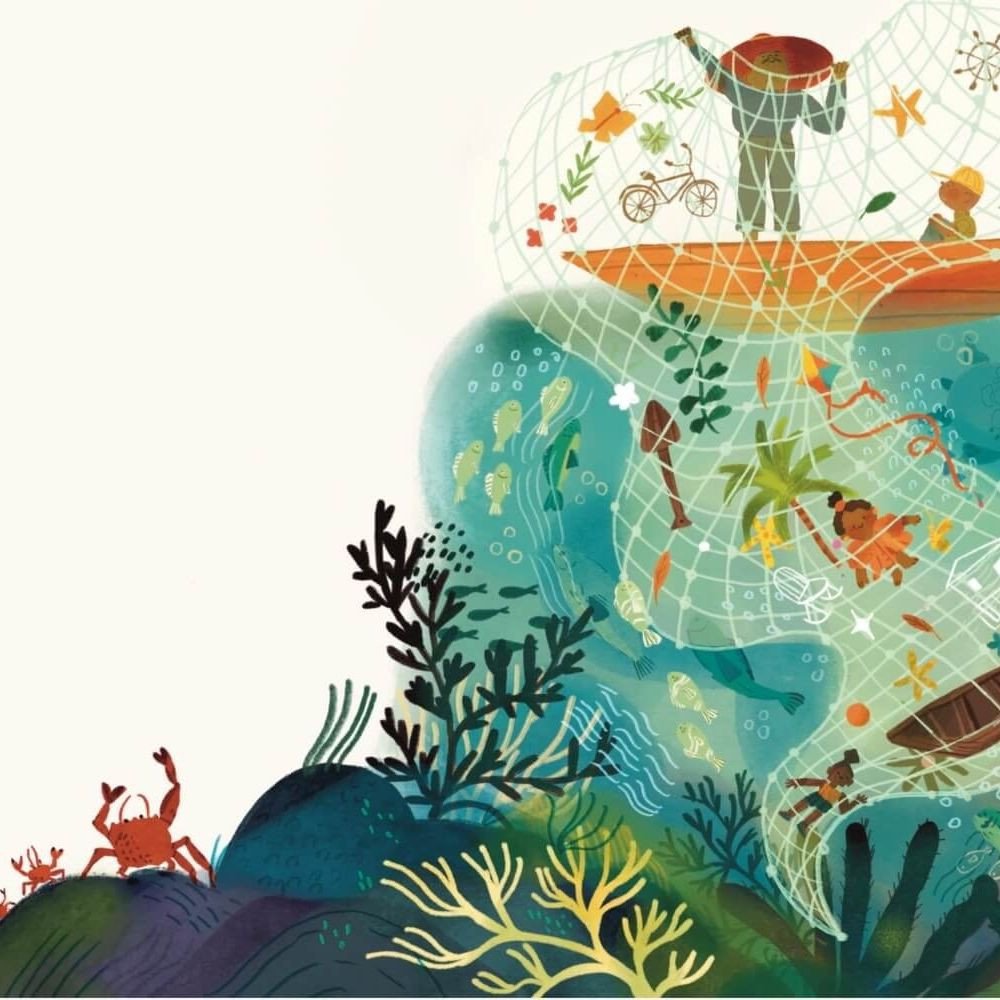 Illustration of people in a boat with a fishing net filled with sea life, including fish, crabs, and plants, in an underwater scene.