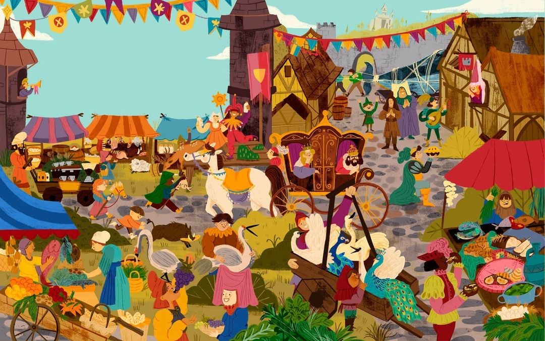 Illustration of a bustling medieval town market scene with merchants, townspeople, animals, and a horse-drawn carriage.