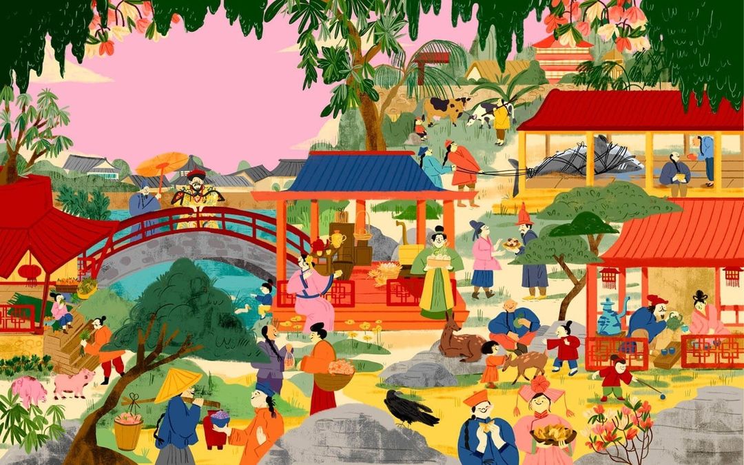 Illustration of a vibrant Chinese village scene with people in traditional clothing, architecture, and lush landscapes, rendered in a colorful, illustrative style.