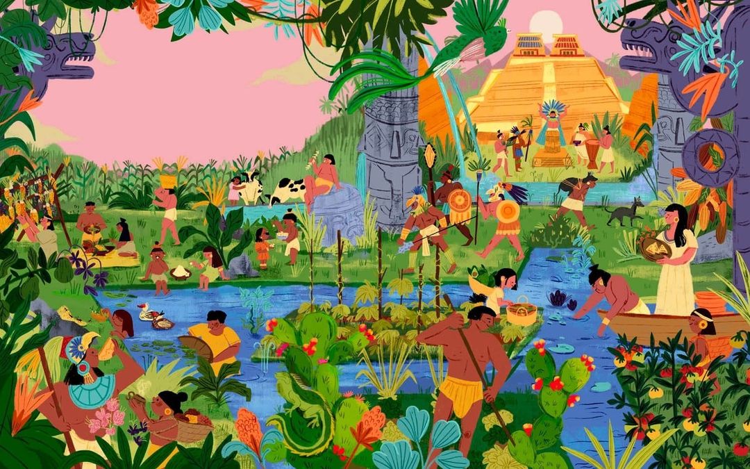Illustration showing a Mayan scene with people by a river, architecture, vegetation, and a pink sky, vibrant colors and detailed designs.