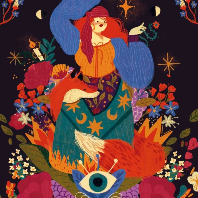 Illustration of a woman with red hair and headscarf, an orange dress, and a blue shawl, with a fox, stars, flowers, and candle.