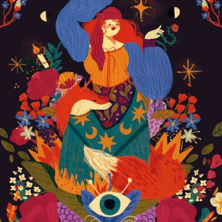 Illustration of a woman with red hair and headscarf, an orange dress, and a blue shawl, with a fox, stars, flowers, and candle.