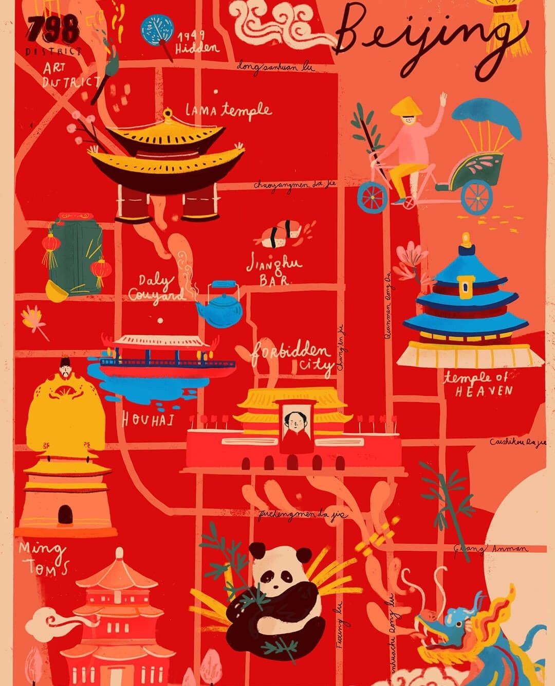 Illustration of a map of Beijing featuring various landmarks, buildings, and a panda in a red-toned color palette.