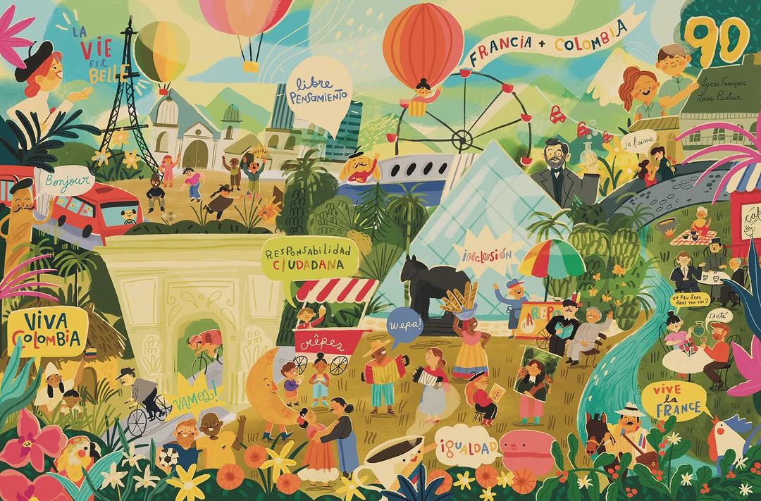 Whimsical illustration featuring diverse people, iconic landmarks like the Eiffel Tower, and colorful elements representing France and Colombia.