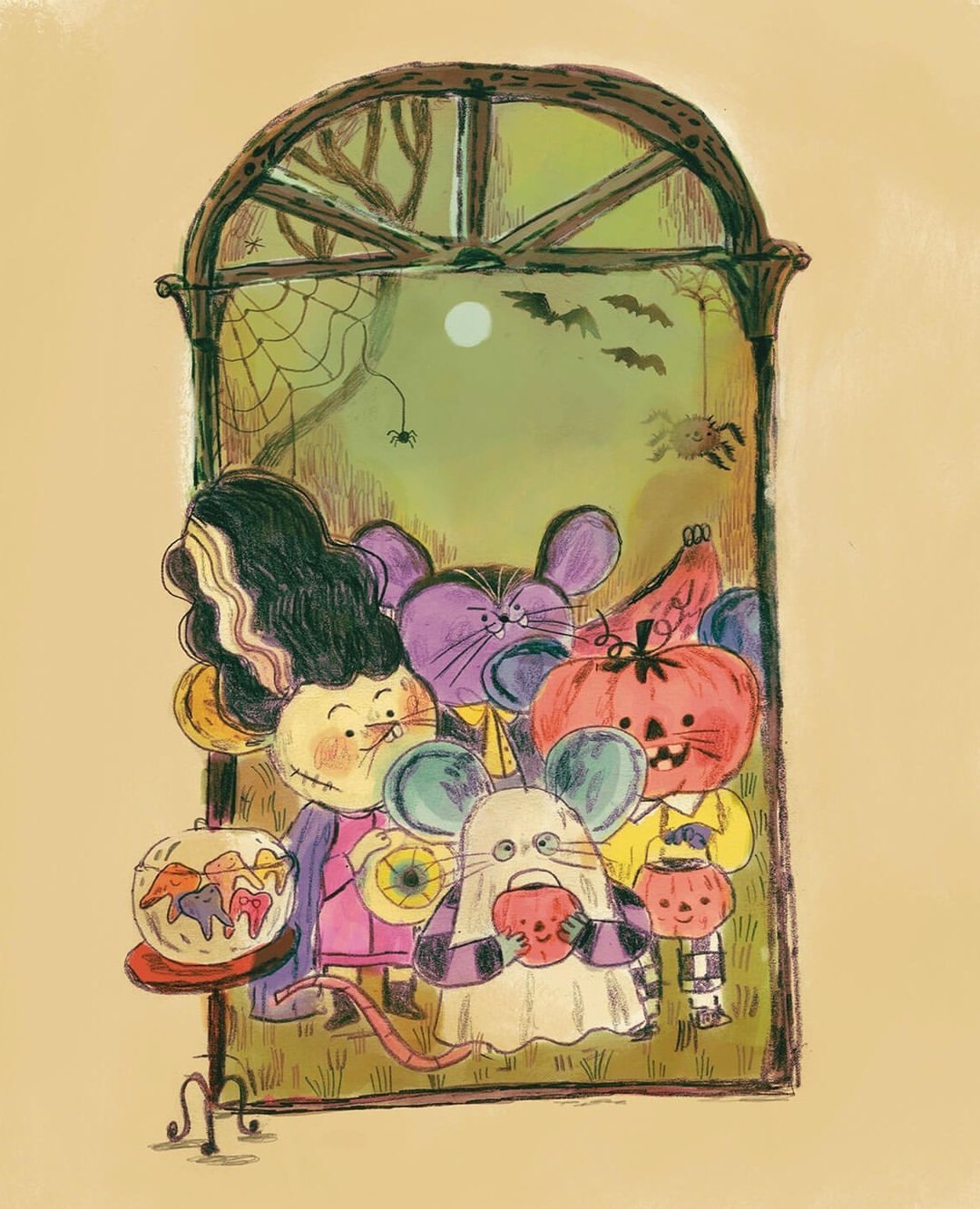 Halloween illustration featuring costumed cartoon mice trick-or-treating in front of a window with bats and a full moon on a green background.