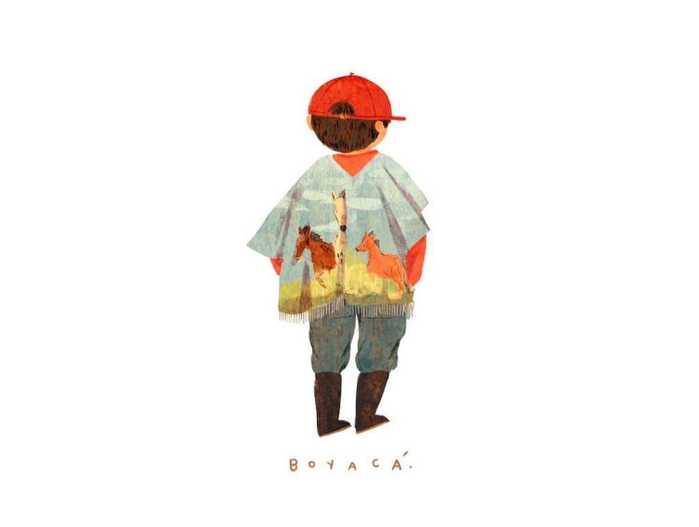 Illustration of child in poncho with horse design and a backwards cap, viewed from behind, set against a clean white backdrop.