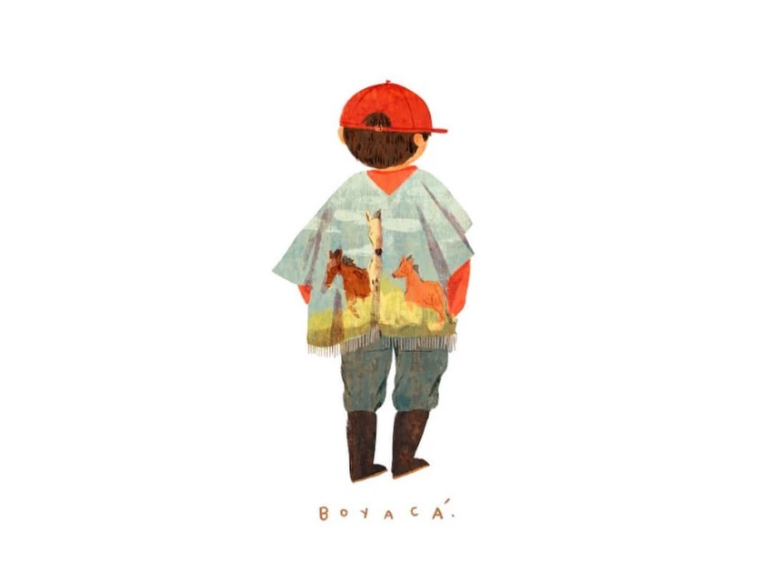 Illustration of child in poncho with horse design and a backwards cap, viewed from behind, set against a clean white backdrop.