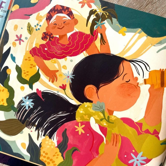Illustration of a young girl drinking through a corn cob pipe, with an elderly woman holding plants in the background, bright, playful colors.