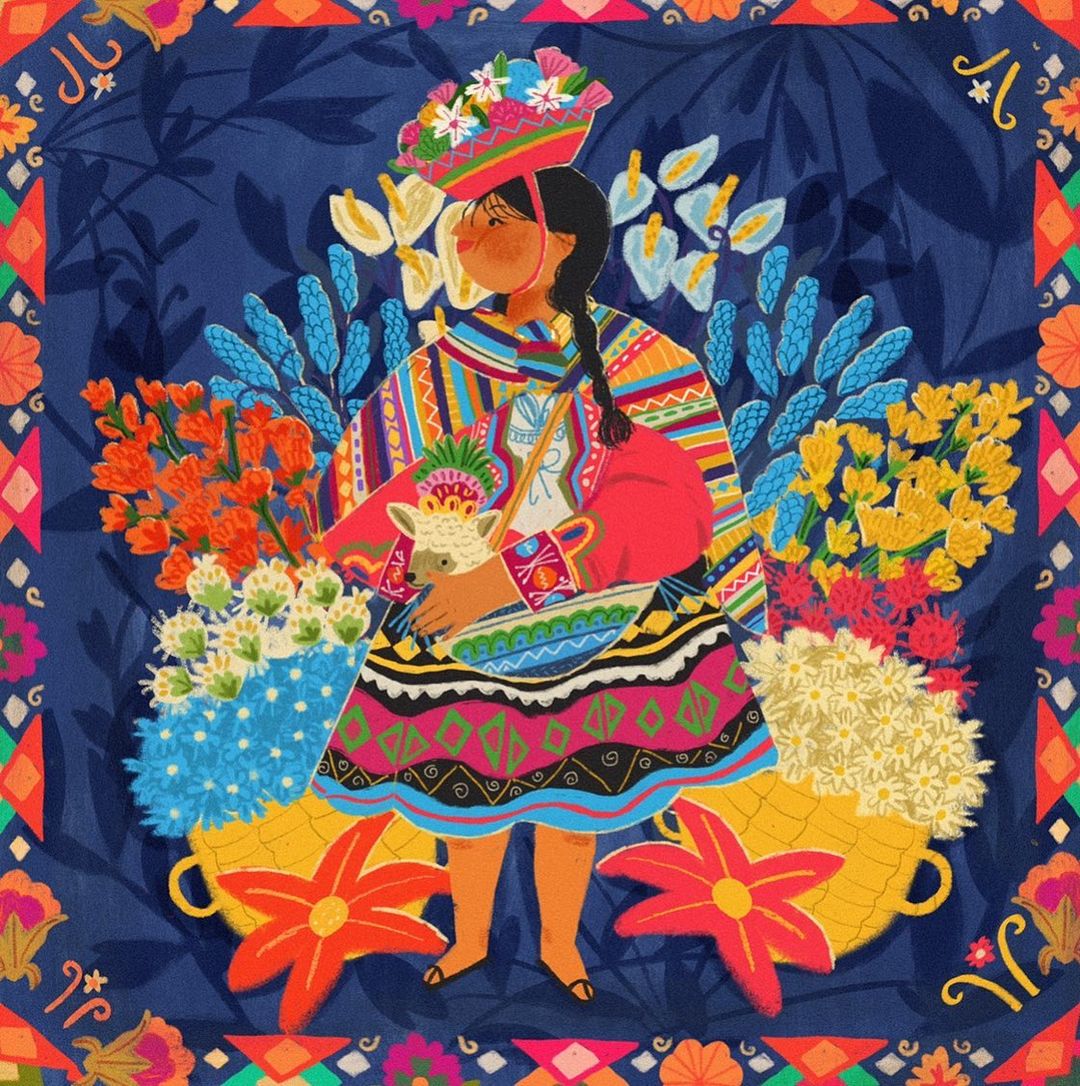 Illustration of a woman in Peruvian clothing carrying a llama and flowers with colorful ornate designs and a deep blue background.