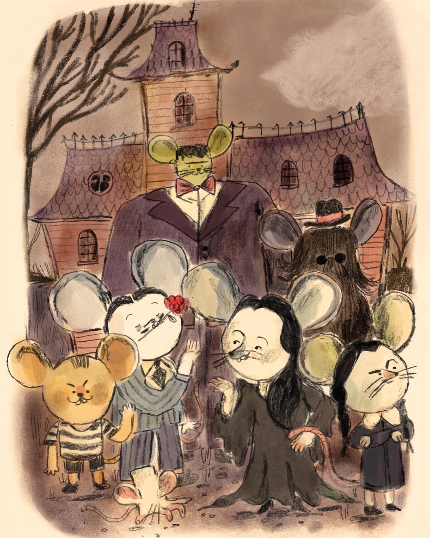 Illustration of cartoon mouse family posing in front of a spooky house, featuring characters reminiscent of The Addams Family.