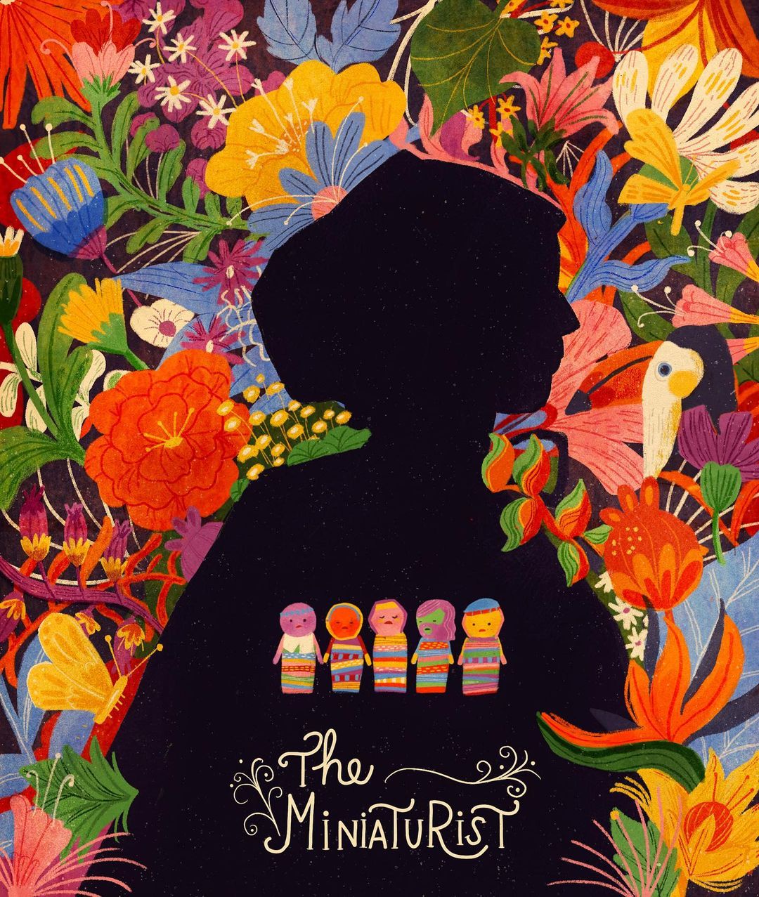 Silhouette of person with flowers and dolls in illustration. Dark background with colorful floral designs and small figures.