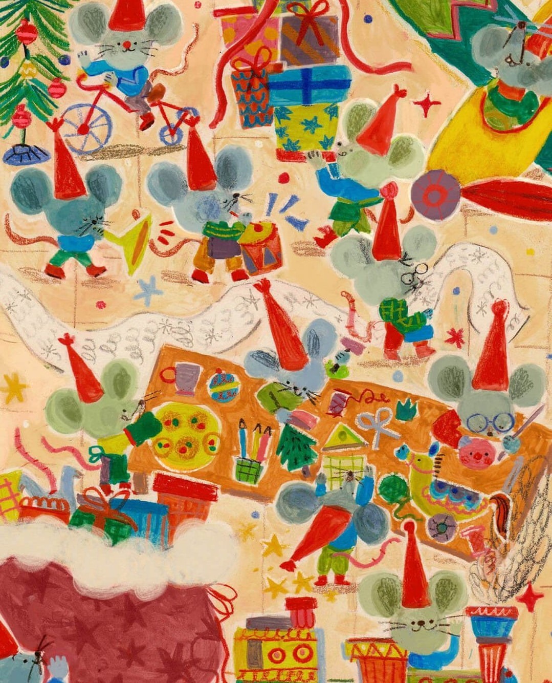 Festive illustration featuring cartoon mice wearing party hats amidst presents, a Christmas tree, and a holiday feast setting a cheerful scene.