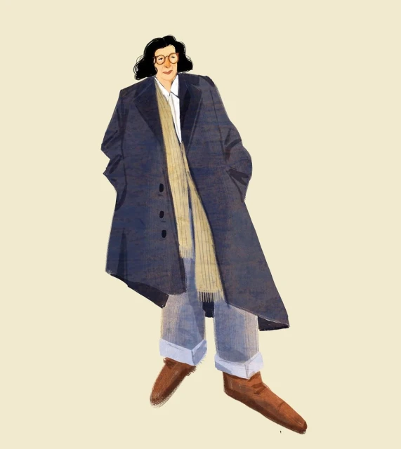 Illustration of a person with glasses, wearing a dark coat, scarf, and jeans, against a light background. Fashion illustration.