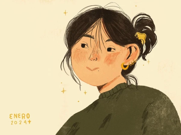 Illustration of a brunette woman with a topknot, wearing a green sweater and hoop earrings, set against a cream-colored background.