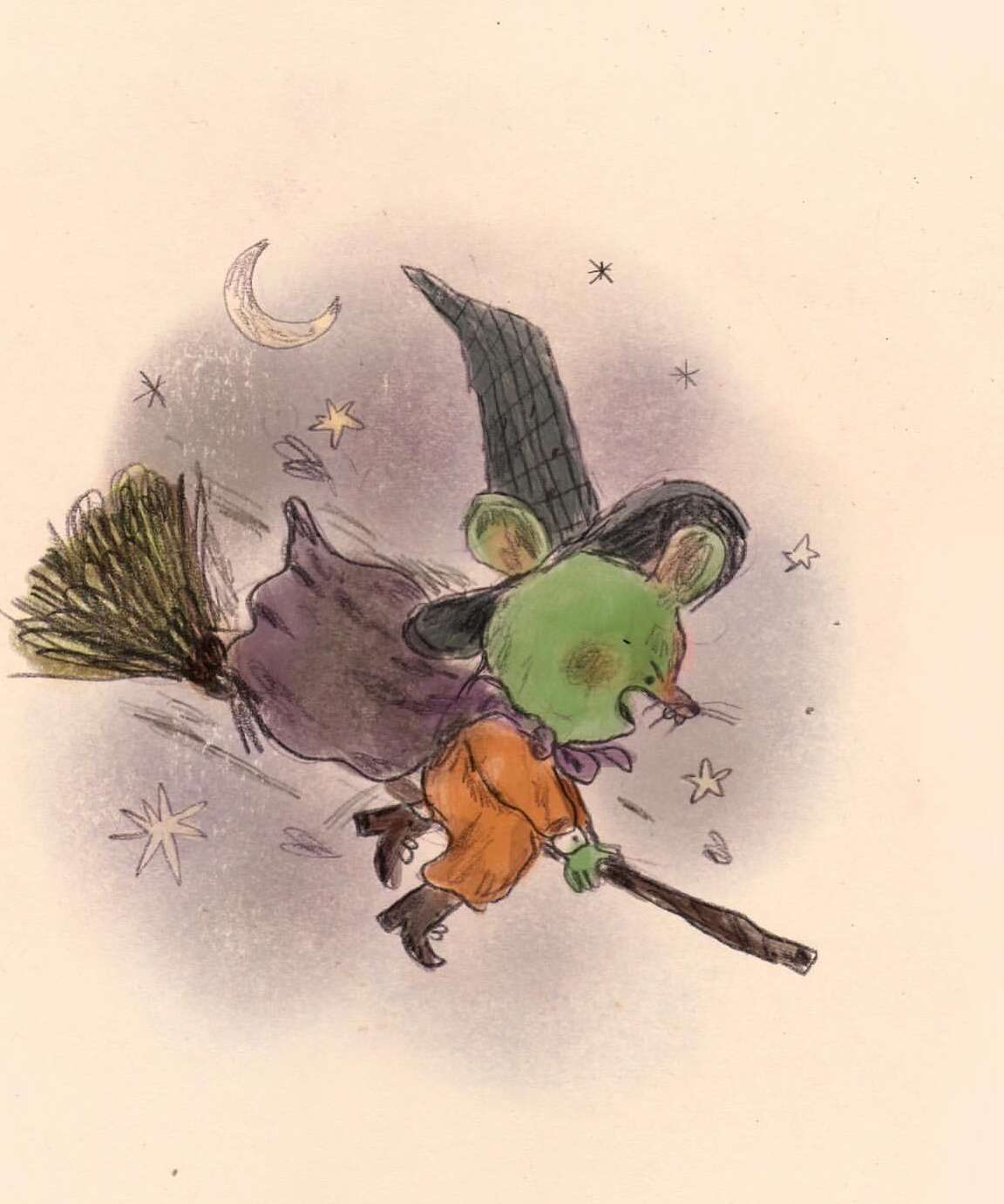 Illustration of a mouse dressed as a witch, flying on a broomstick with a crescent moon and stars in the background against an off-white backdrop.