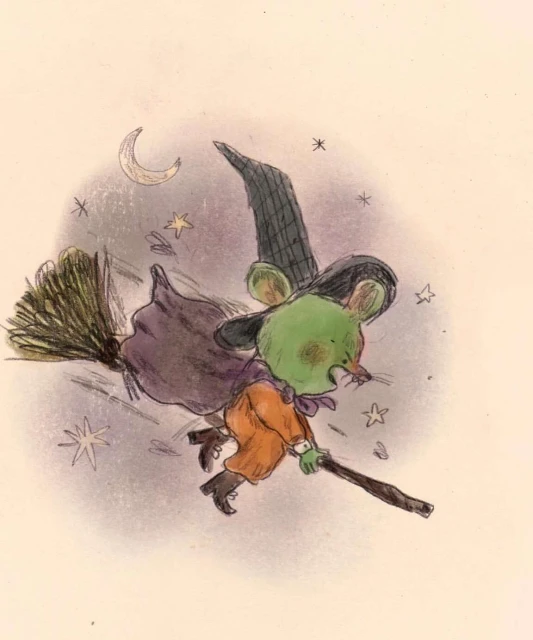 Illustration of a mouse dressed as a witch, flying on a broomstick with a crescent moon and stars in the background against an off-white backdrop.