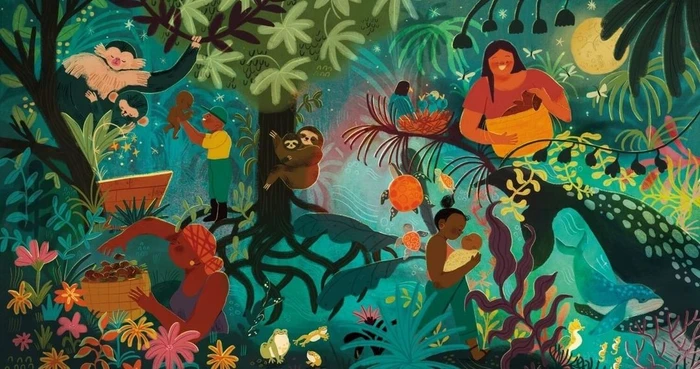Detailed jungle illustration by Natalia Rojas Castro featuring diverse people, sloths, monkeys, turtles, and a whale in a lush forest ecosystem