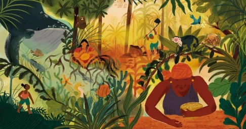 Detailed illustrated scene of a lush tropical jungle featuring a whale, people, monkeys, and vibrant foliage by Natalia Rojas Castro