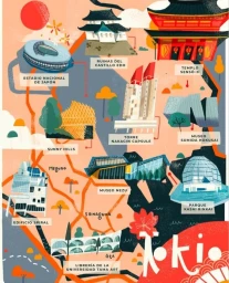 Illustrated tourist map of Tokyo featuring landmarks and buildings by illustrator Natalia Rojas Castro