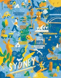Illustrated pictorial map of Sydney featuring landmarks, wildlife, and bold blue and yellow color blocks