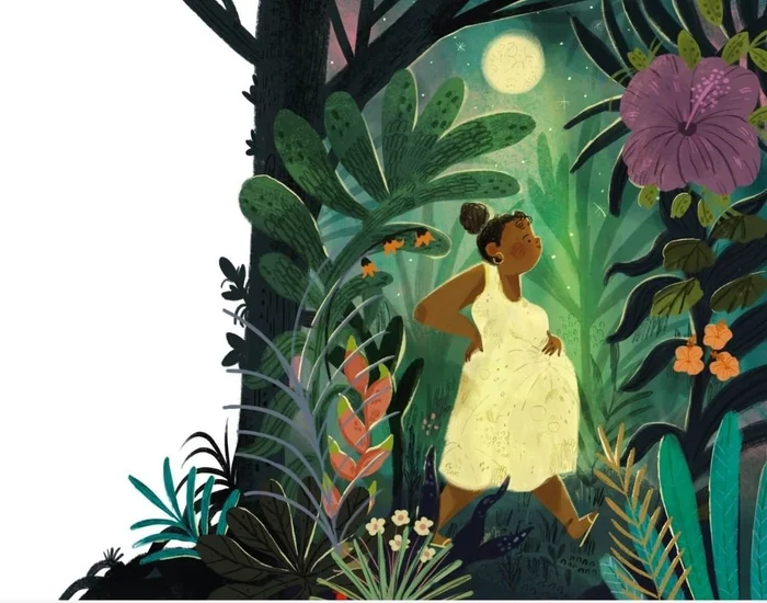 Illustrated pregnant woman walking through a lush tropical jungle at night by Natalia Rojas Castro