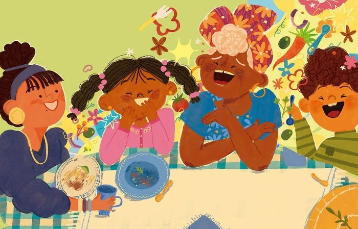 Colorful illustration by Natalia Rojas Castro showing a diverse family laughing and sharing a meal together at a table.