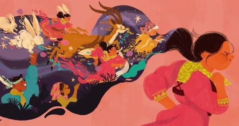 Colorful illustration of a woman running alongside a swirling dreamscape containing animals and other people.