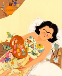 Digital illustration of a woman holding a colourful artist palette and paintbrush while resting in bed among butterflies.