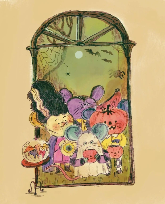 Illustration by Natalia Rojas Castro featuring mice dressed in Halloween costumes looking through an arched window at night.