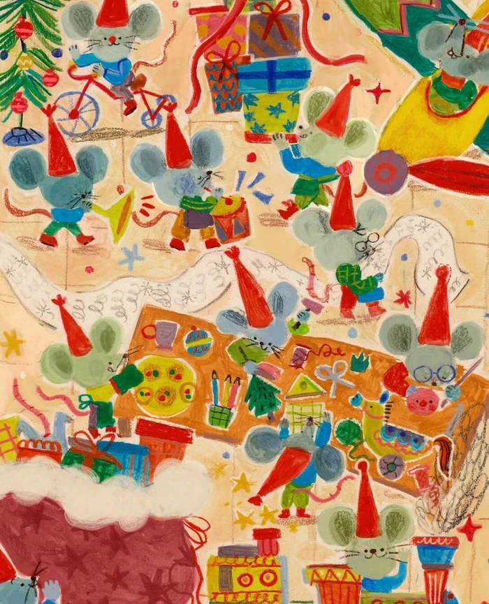 Colorful illustration by Natalia Rojas Castro showing many mice in party hats celebrating Christmas with presents.