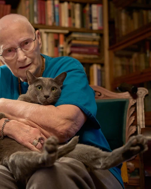 Elderly woman with glasses seated indoors, cradling a gray cat with bookshelf background, creating a loving, intimate moment.